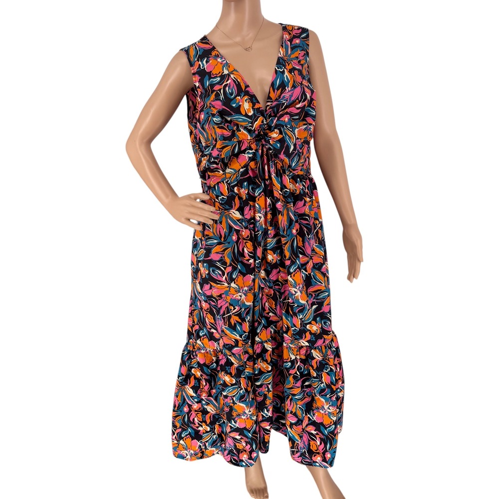 French Connection Floral V-Neck Twist Front Cotton Midi Dress XL Multicolor